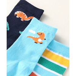 Cute Walk by Babyhug Knit Ankle Length Socks With Dino Design Pack of 3 - Light Blue & Black