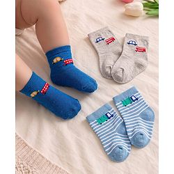 Cute Walk by Babyhug Knit Ankle Length Socks With Vehicle Design Pack of 3 - Blue & Grey
