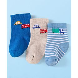 Cute Walk by Babyhug Knit Ankle Length Socks With Vehicle Design Pack of 3 - Blue & Grey