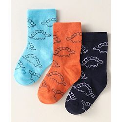 Cute Walk By Babyhug Anti-Bacterial Ankle Length Pack of 3 Socks With Dino Print - Brown & Navy Blue