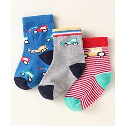 Cute Walk By Babyhug Anti-Bacterial Ankle Length Pack of 3 With Vehicle Print - Grey Blue & Red