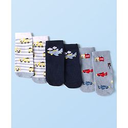 Cute Walk by Babyhug Knit Ankle Length Anti Bacterial Socks with Vehicle Design Pack of 3 - Navy Blue White & Grey