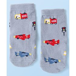 Cute Walk by Babyhug Knit Ankle Length Anti Bacterial Socks with Vehicle Design Pack of 3 - Navy Blue White & Grey