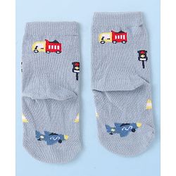 Cute Walk by Babyhug Knit Ankle Length Anti Bacterial Socks with Vehicle Design Pack of 3 - Navy Blue White & Grey