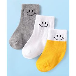 Cute Walk By Babyhug Cotton Knit Anti-Bacterial Ankle Length Socks With Smiley Design Pack of 3 - Yellow White & Grey