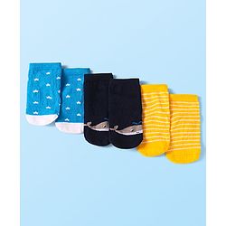 Cute Walk by Babyhug Knit Ankle Length Socks With Whale & Star Design Pack of 3 - Blue Black & Yellow