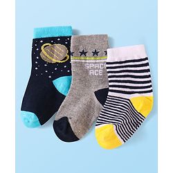 Cute Walk by Babyhug Knit Ankle Length Socks With Space Theme Design Pack of 3 - Grey Black & Yellow