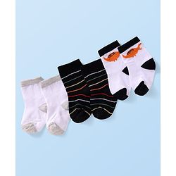Cute Walk by Babyhug Knit Ankle Length Socks With Dino Design Pack of 3 - White & Black