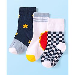 Cute Walk By Babyhug Cotton Knit Anti-Bacterial Ankle Length Socks With Star Sun & Checks Design Pack Of 3 - White Grey & Navy Blue