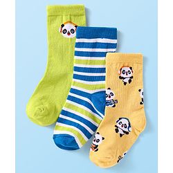 Cute Walk By Babyhug Cotton Knit Anti-Bacterial Ankle Length Socks With Stripes & Animal Design Pack of 3 - Blue & Yellow