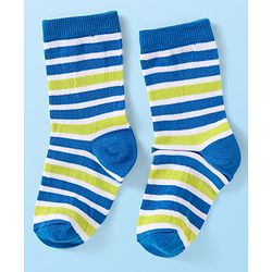 Cute Walk By Babyhug Cotton Knit Anti-Bacterial Ankle Length Socks With Stripes & Animal Design Pack of 3 - Blue & Yellow