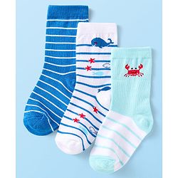 Cute Walk By Babyhug Cotton Knit Anti-Bacterial Ankle Length Socks With Stripe & Ocean Design Pack of 3 - Blue & White