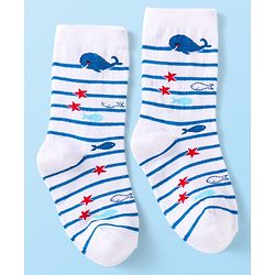 Cute Walk By Babyhug Cotton Knit Anti-Bacterial Ankle Length Socks With Stripe & Ocean Design Pack of 3 - Blue & White