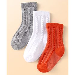 Cute Walk by Babyhug Knit Ankle Length Solid Colour Socks With Cable Knit Design Pack of 3 - White Grey & Orange