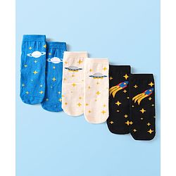 Cute Walk By Babyhug Cotton Knit Anti-Bacterial Ankle Length Socks With Space Design Pack of 3 - Black Blue & White