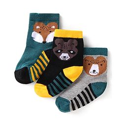 Cute Walk by Babyhug Ankle Length Antibacterial Socks with Stripes & Animal Design Pack of 3 - Teal Blue