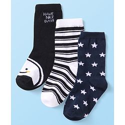Cutewalk By Babyhug Cotton Knit Anti-Bacterial Ankle Length Stripe & Star Design Socks Pack of 3 - Black & White