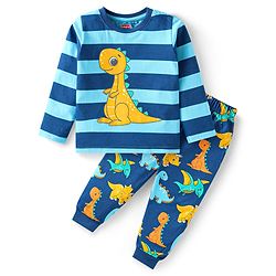 Babyhug Cotton Knit Full Sleeves Night Suit With Stripes & Dino Print - Blue