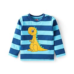 Babyhug Cotton Knit Full Sleeves Night Suit With Stripes & Dino Print - Blue