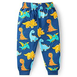 Babyhug Cotton Knit Full Sleeves Night Suit With Stripes & Dino Print - Blue