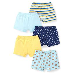 Babyhug 100% Cotton Knit Solid Striped & Bear Printed  Trunks Pack of 5 - Light Blue Navy & Yellow
