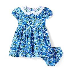 Babyhug Rayon Woven Half Puffed Sleeves Floral Printed Frock Peter Pan Collar & Bloomer - Blue