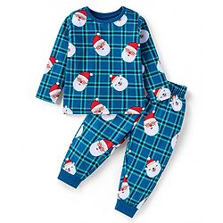 Babyhug Cotton Knit Full Sleeves Santa Claus Printed Night Suit - Royal Blue