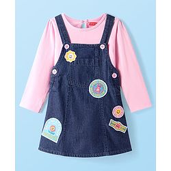 Babyhug Cotton Woven Full Sleeves Solid Colour T-Shirt & Frock With Text Patch - Pink