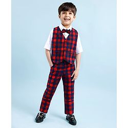 Babyhug Woven Full Sleeves Checkered 3 Piece Party Suit With Bow - Maroon