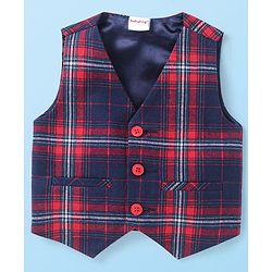 Babyhug Woven Full Sleeves Solid Shirt & Jeans With Checks Waistcoat & Bow - Maroon & Navy Blue