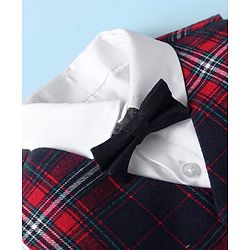 Babyhug Woven Full Sleeves Solid Shirt & Jeans With Checks Waistcoat & Bow - Maroon & Navy Blue