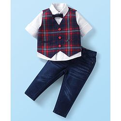 Babyhug Woven Full Sleeves Solid Shirt & Jeans With Checks Waistcoat & Bow - Maroon & Navy Blue