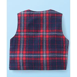 Babyhug Woven Full Sleeves Solid Shirt & Jeans With Checks Waistcoat & Bow - Maroon & Navy Blue