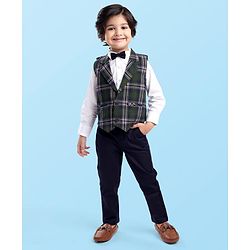 Babyhug Woven Full Sleeves Checks 3 Piece Party Suit - Green White & Navy