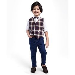 Babyhug Woven Full Sleeves Checkered 3 Piece Party Suit with Bow - Grey & Navy Blue