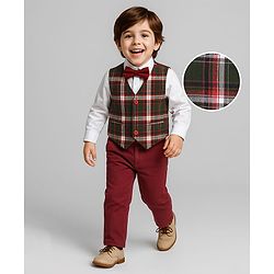 Babyhug Woven Full Sleeves Checks 3 Piece Party Suit With Bow - Rust