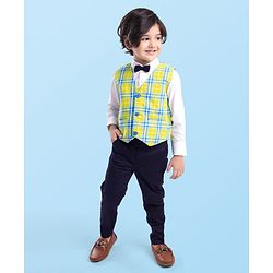 Babyhug Woven Full Sleeves Checkered 3 Piece Party Suit with Bow - Yellow