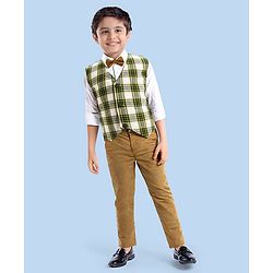 Babyhug Woven Full Sleeves Checkered 3 Piece Party Suit With Bow - Olive Green
