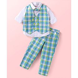 Babyhug Woven Full Sleeves Checkered 3 Piece Party Suit With Bow - Turquoise