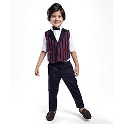 Babyhug Woven Full Sleeves Stripes 3 Piece Party Suit with Bow - Red & Navy Blue