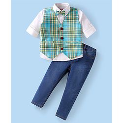 Babyhug Woven Full Sleeves Checkered 3 Piece Party Suit with Bow - Light Blue