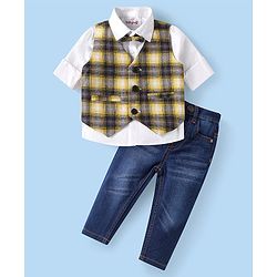 Babyhug Woven Full Sleeves Checkered 3 Piece Party Suit with Bow - Mustard