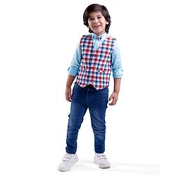 Babyhug Woven Full Sleeves Solid Color Shirt & Jeans with Bow & Checkered Waistcoat - Red & Blue