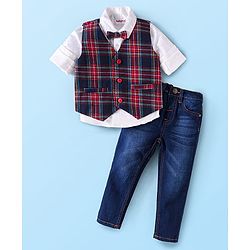 Babyhug Woven Full Sleeves Solid Color Shirt & Jeans with Bow & Checkered Waistcoat - Red & Blue