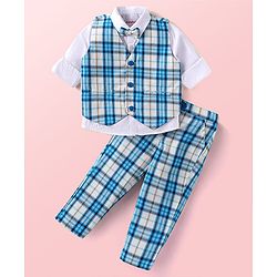 Babyhug Woven Full Sleeves Checkered 3 Piece Party Suit With Bow - Blue