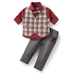 Babyhug Woven Full Sleeves Checkered 3 Piece Party Suit With Bow - Maroon