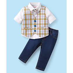 Babyhug Woven Full Sleeves Checks 3 Piece Party Suit With Bow - White
