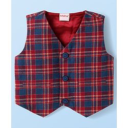 Babyhug Woven Full Sleeves Checkered 3 Piece Party Suit with Bow - Red White & Navy Blue