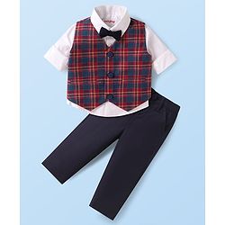 Babyhug Woven Full Sleeves Checkered 3 Piece Party Suit with Bow - Red White & Navy Blue