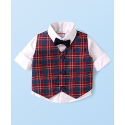 Babyhug Woven Full Sleeves Checkered 3 Piece Party Suit with Bow - Red White & Navy Blue